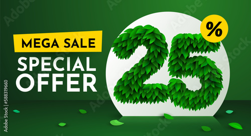 25 percent Off. Discount creative composition. Sale brochure with font made from leaves. Sale banner and poster.