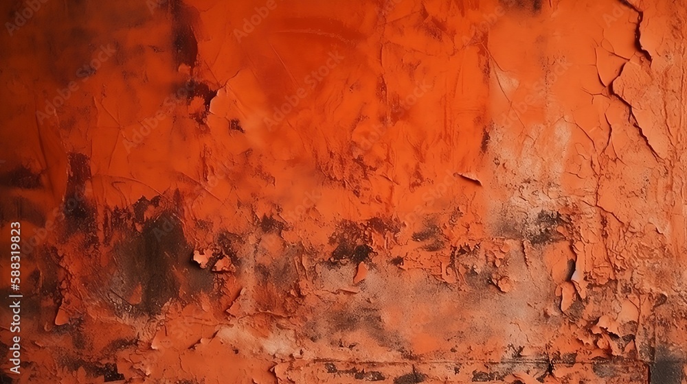 Coral orange red abstract grunge texture background for design. Painted old damaged rough wall surface. Close-up. Generative AI