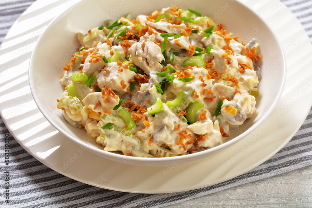 chicken salad with celery, mushrooms in bowl chicken salad with celery, mushrooms in bowl