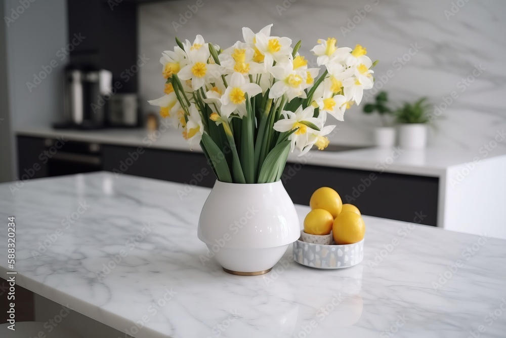 a white vase filled with yellow and white flowers on top of a counter next to a bowl of lemons and a bowl of dafflowe daffodils. generative ai a white vase filled with yellow and white flowers on top of a counter next to a bowl of lemons and a bowl of dafflowe daffodils. generative ai