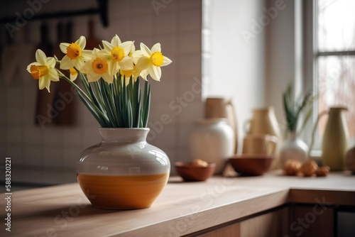  a white vase with yellow flowers in it on a counter top next to other vases and bowls on the countertop of a kitchen.  generative ai
