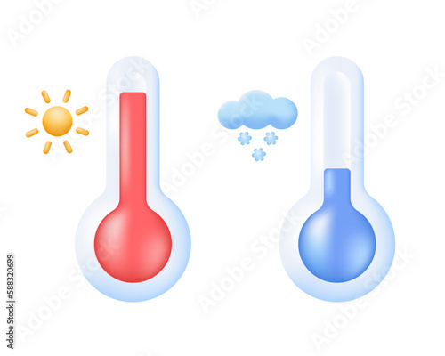 3D Thermometers icons. Measure hot and cold temperature, forecast, climate and meteorology concept. Vector illustration on white background.