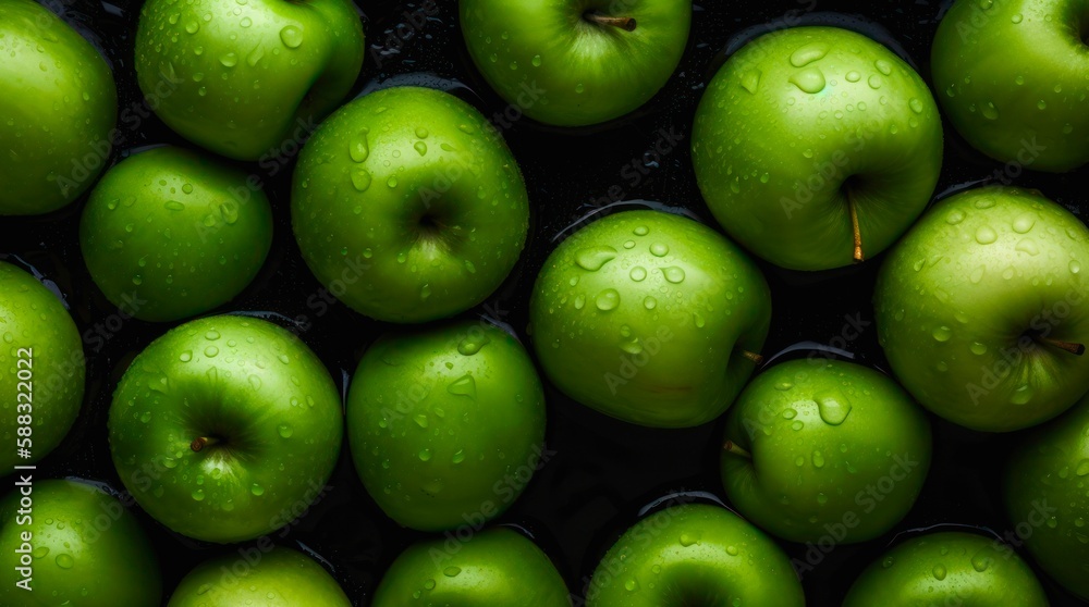 A lot of ripe bright green apples with water drops. Background design with fresh wet apples. Generative AI. A lot of ripe bright green apples with water drops. Background design with fresh wet apples. Generative AI.