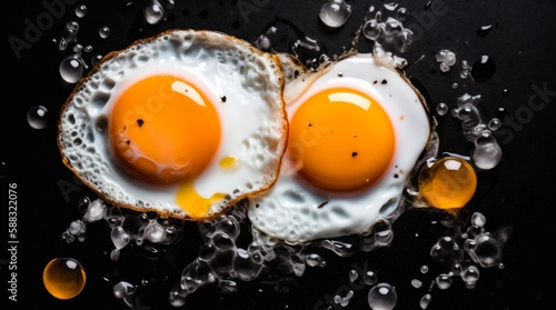 Fried eggs on black background. Generative AI.