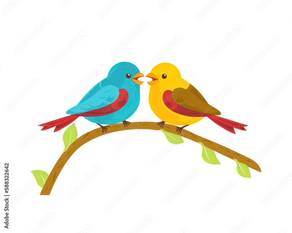 Two cute birds on a branch. Vector illustration in cartoon style.