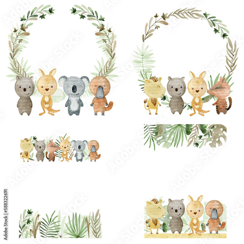 Photography Baby shower card. 4 watercolor frames with australian animals.