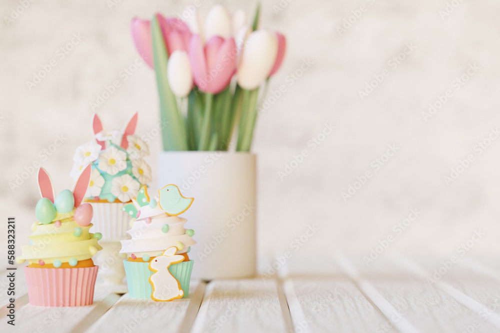 Easter cakes, cupcakes, eggs and gingerbread cookies on white wooden table. 3d render Easter cakes, cupcakes, eggs and gingerbread cookies on white wooden table. 3d render