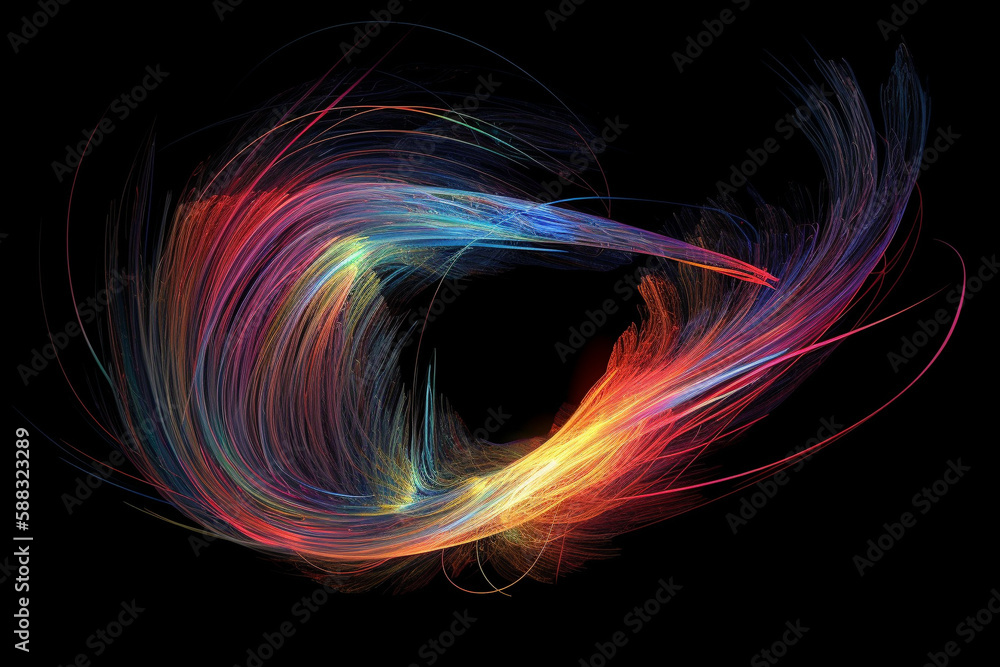 Abstract colorful illustration of a twirling and twisted dynamic shape, made from multiple thin threads, interwined. Generative AI Abstract colorful illustration of a twirling and twisted dynamic shape, made from multiple thin threads, interwined. Generative AI