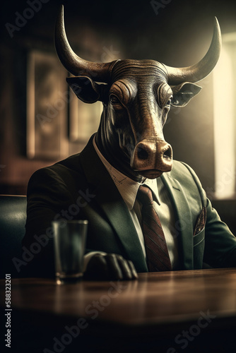 Conceptual portrait of a strong and successful bull, dressed in a businessman suit. Bull market concept. Illustration. Generative AI