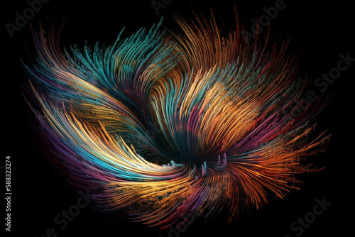 Abstract colorful illustration of a twirling and twisted dynamic shape, made from multiple thin threads, interwined. Generative AI
