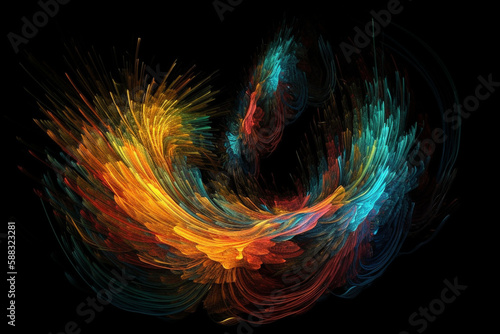 Abstract colorful illustration of a twirling and twisted dynamic shape  made from multiple thin threads  interwined. Generative AI