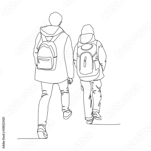 2 tourists walking. Wearing backpacks and jackets. Vector illustration in line art style.