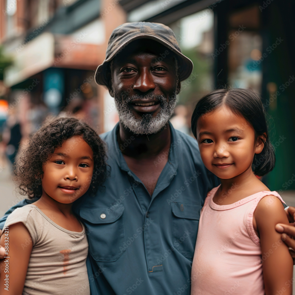 Portrait of a black stepfather ind his daughters. Generative AI illustration of a fathers day. Portrait of a black stepfather ind his daughters. Generative AI illustration of a fathers day.