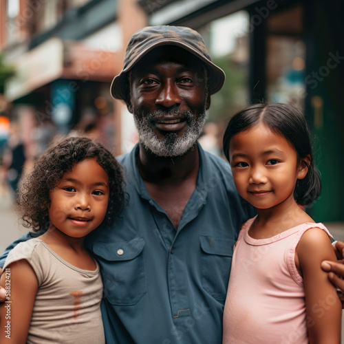 Portrait of a black stepfather ind his daughters. Generative AI illustration of a fathers day.