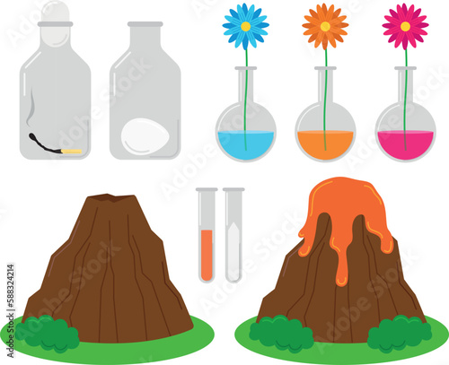 Egg and match experiment, flower and colored water experiment, home volcano experiment, vector illustration