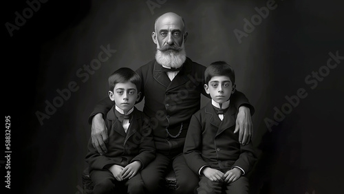Daguerreotype of a father with his two sons.Generative AI illustration of fathers day.