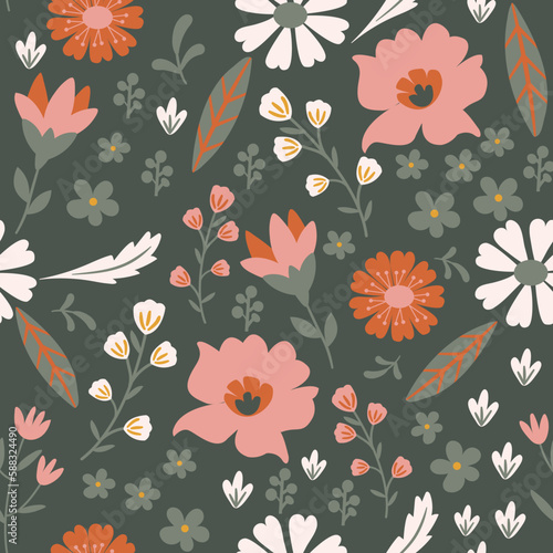Meadow floral seamless pattern background in dark green background. Repeat pattern for upholstery fabric, wallpaper, stationery.  