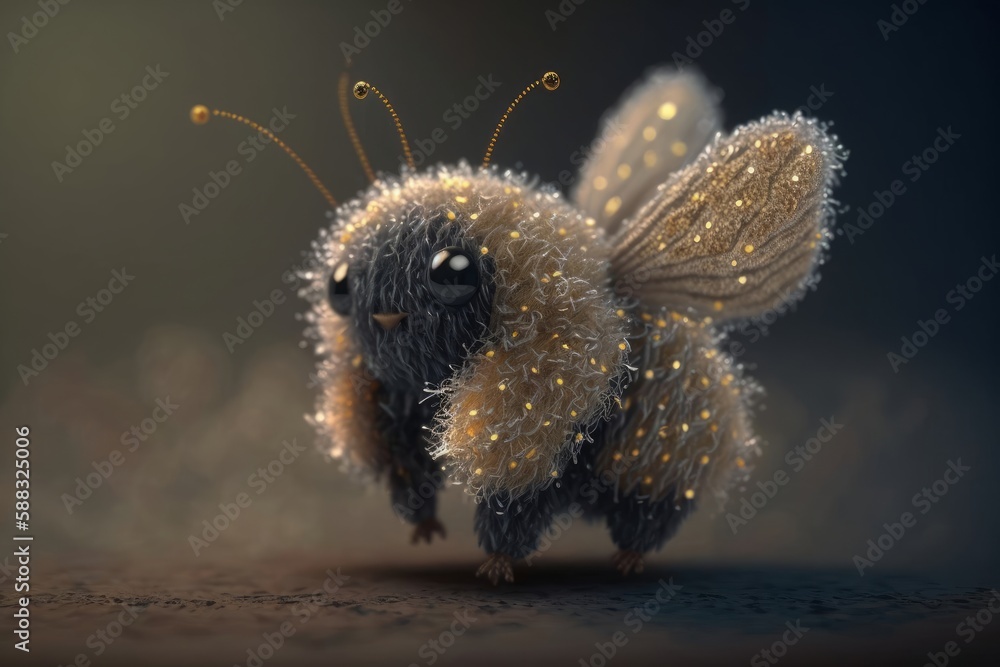 Expensive toy mole, bumblebee, felt butterfly. Character for children's books of fairy tales and stories. Decorative knitted toy. Created with AI.