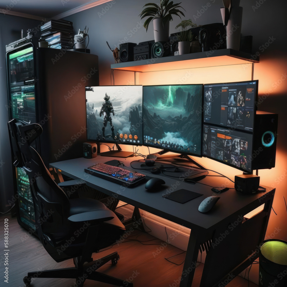 gaming battlestation with 4 monitors, gaming desk and orange rgb, Generative AI gaming battlestation with 4 monitors, gaming desk and orange rgb, Generative AI