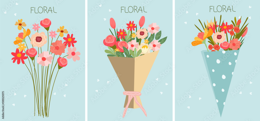 Flat-style vector illustration of a blossoming flower bouquet a blue background.Tulip, chamomile, rose and wildflowers in craft paper, perfect for various celebrations. Vector illustration. Flat-style vector illustration of a blossoming flower bouquet a blue background.Tulip, chamomile, rose and wildflowers in craft paper, perfect for various celebrations. Vector illustration.