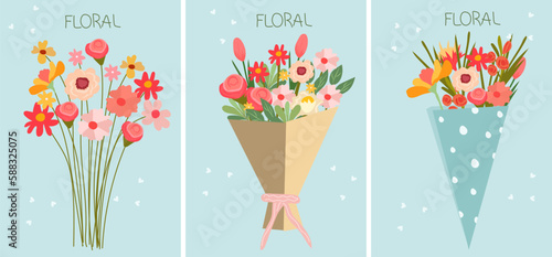 Flat-style vector illustration of a blossoming flower bouquet a blue background.Tulip, chamomile, rose and wildflowers in craft paper, perfect for various celebrations. Vector illustration.