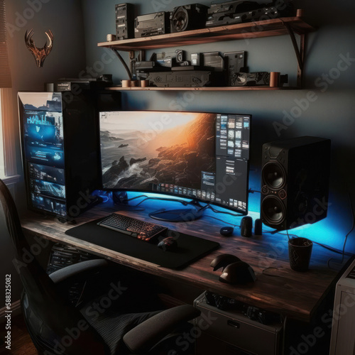 gaming desk with blue rgb with slate grey painted wall, generative ai