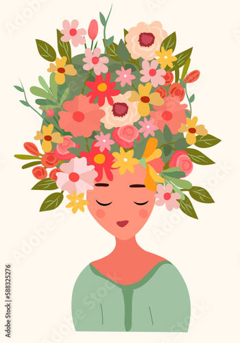 A bright Greeting card featuring an elegant woman a bouquet flowers on head. Concept your blooming. Perfect for Mothers Day cards, birthdays, banners, posters, invitations etc. Vector