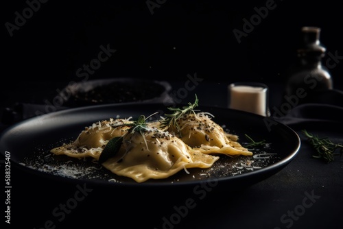 ravioli with herbs and spread cheese on a black plate - ai-generated