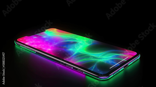 A Smartphone with an neon lights Screen on a desk