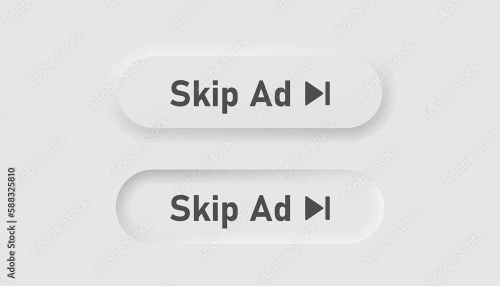 Skip ad icon in neumorphism style. Icons for business, white UI, UX. Ad symbol. Media, phone, video skip, arrow. Neumorphic style. Vector illustration. Skip ad icon in neumorphism style. Icons for business, white UI, UX. Ad symbol. Media, phone, video skip, arrow. Neumorphic style. Vector illustration.