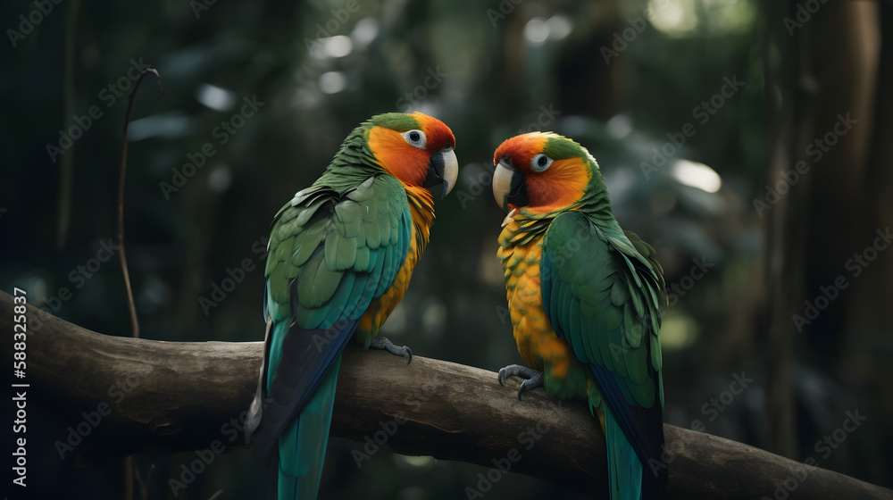 Lovebirds in a lush rainforest. Generative AI