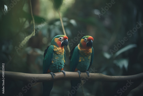 Beauty of Lovebirds in their Tropical Habitat. Generative AI photo