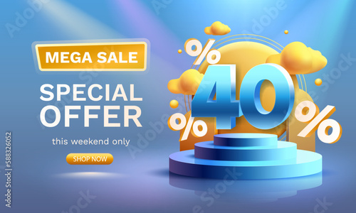 Podium 40 percentage business poster, discount banner offer. Vector illustration