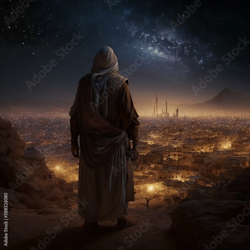 Islam/Ramadan - Man looking down on old futuristic city at night. 