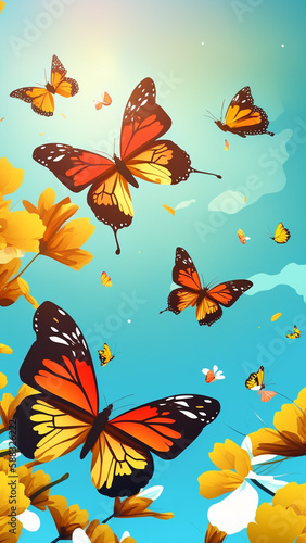 Beautiful butterfly with sun and flowers  fresh and cute wallpaper with live and bright colors  in love of nature