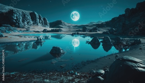 Bright blue lake on the moon, generative AI © TraveVisuals