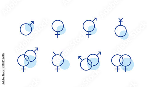 Set of gender and gender romantic relationships icons. Male, female, queer and transgender, same sex and heterosexual