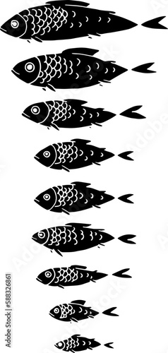 A set of fish. Black fish silhouettes. Vector illustration.