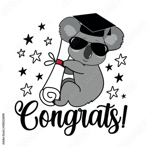 Congrats - cool koala in graduate cap and certificate or diploma. Good for greeting card, postcard, T shirt print, poster, label and other gifts design.