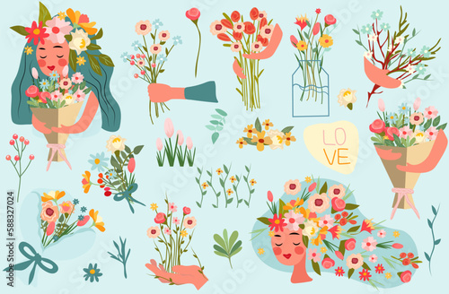 Delightful vector illustration featuring a woman, bouquet, and spring elements leaves, plants, petals, and buds. Ideal for spring cards and posters, banners, invitations. Vector illustration