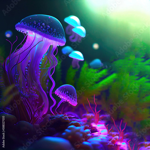Beautiful jellyfish on a dark fantasy underwater background, ai generation