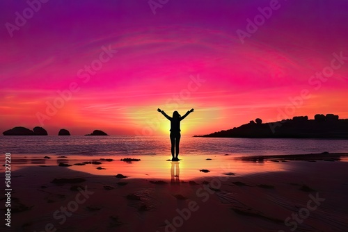 silhouette of woman standing on the beach with sunset background
