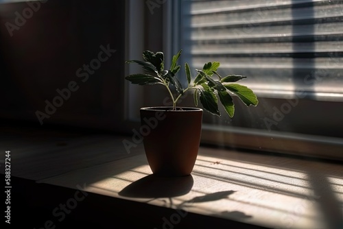 seedlings growing in small pots on a window with sunlight