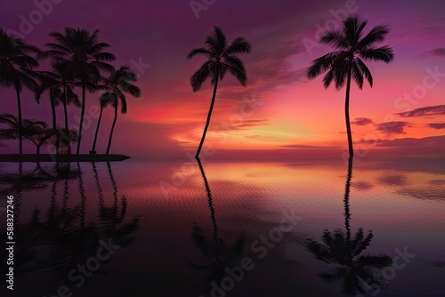 sunset photos of sunsets in the sea with silhouette trees reflecting in the sea © Irfanan