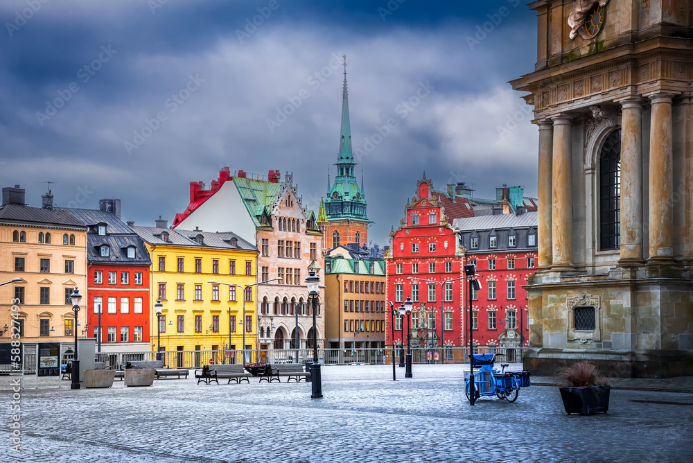 Stockholm, Sweden. Glama Stan downtown, Riddarholmen Square.