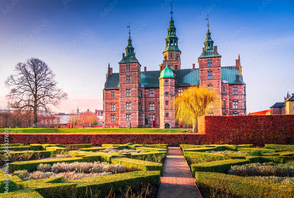 Copenhagen, Denmark. Rosenborg Slot, winter sunrise.