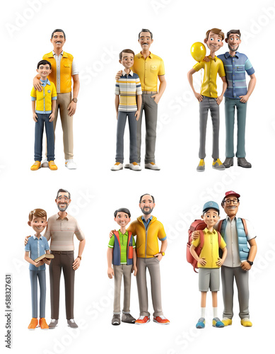 Father and Son Bonding: 6 3D Character Sets on Transparent Background Created with Generative AI and Other Techniques