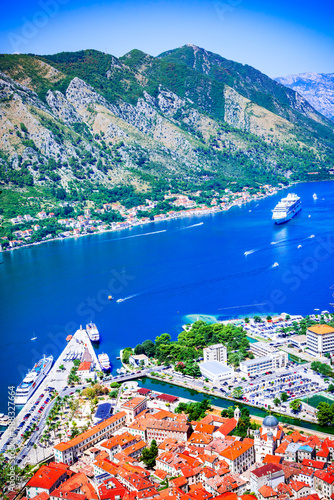 Kotor, Montenegro. Scenit sparkling Bay of Kotor, medieval walled city.