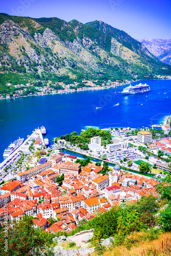 Kotor, Montenegro. Scenit sparkling Bay of Kotor, medieval walled city.