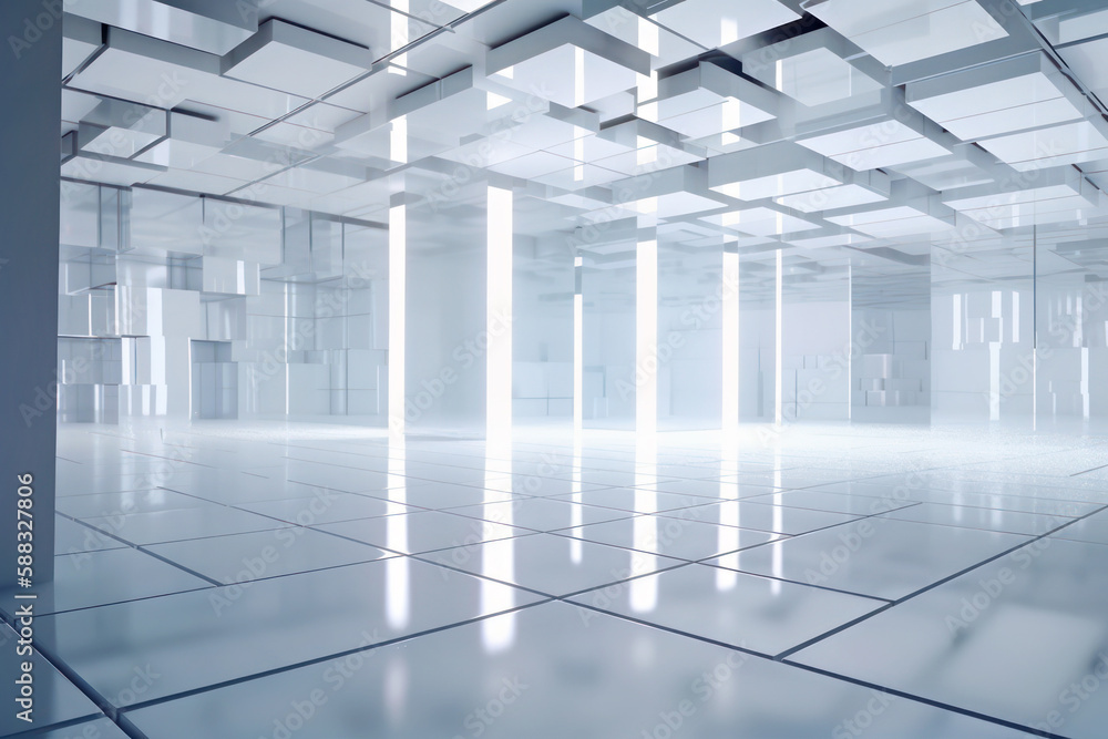 Technology background of a white room made of irregular cubes, Generative AI Technology background of a white room made of irregular cubes, Generative AI